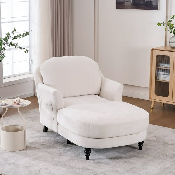 Upholstered Chaise Lounge, Comfy Linen Single Sofa Chair, Living Room Bedroom Rest Chair，Beige