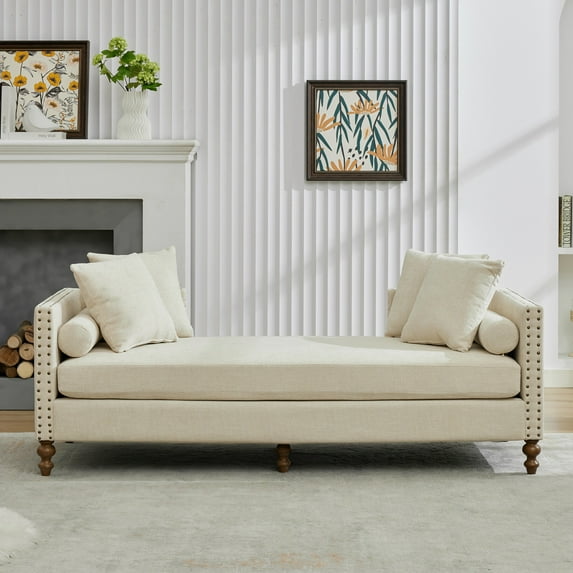 Upholstered Chaise Lounge Sleeper Sofa Daybed with Nailhead Trim, 4 Throw Pillows & Rubberwood Legs for Living Room, Bedroom, Apartment - Beige Chenille Fabric Indoor Chaise