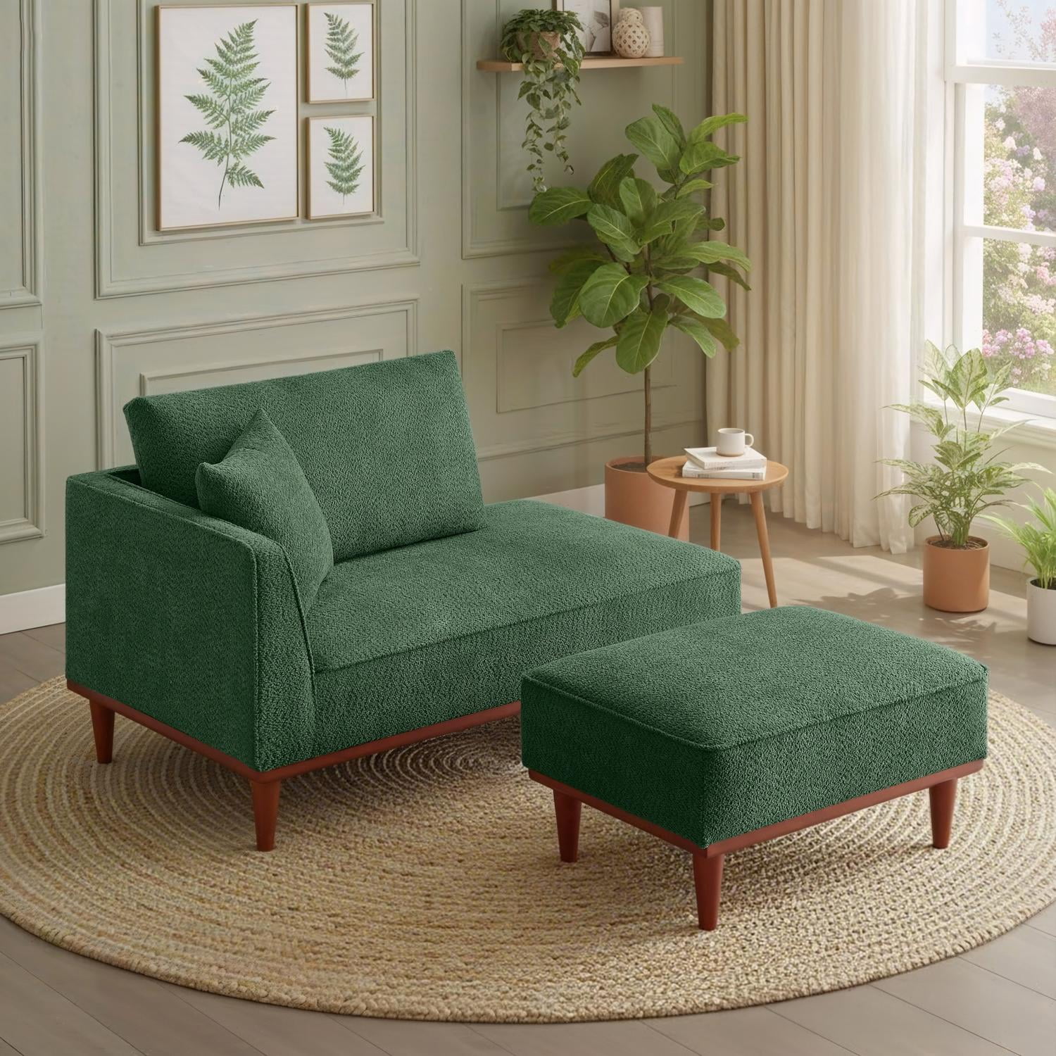 Upholstered Chaise Lounge and Stool, Convertible Chaise Lounge Chair with Detachable Ottoman for Living Room Bedroom Small Space, Easy Assembly, Green