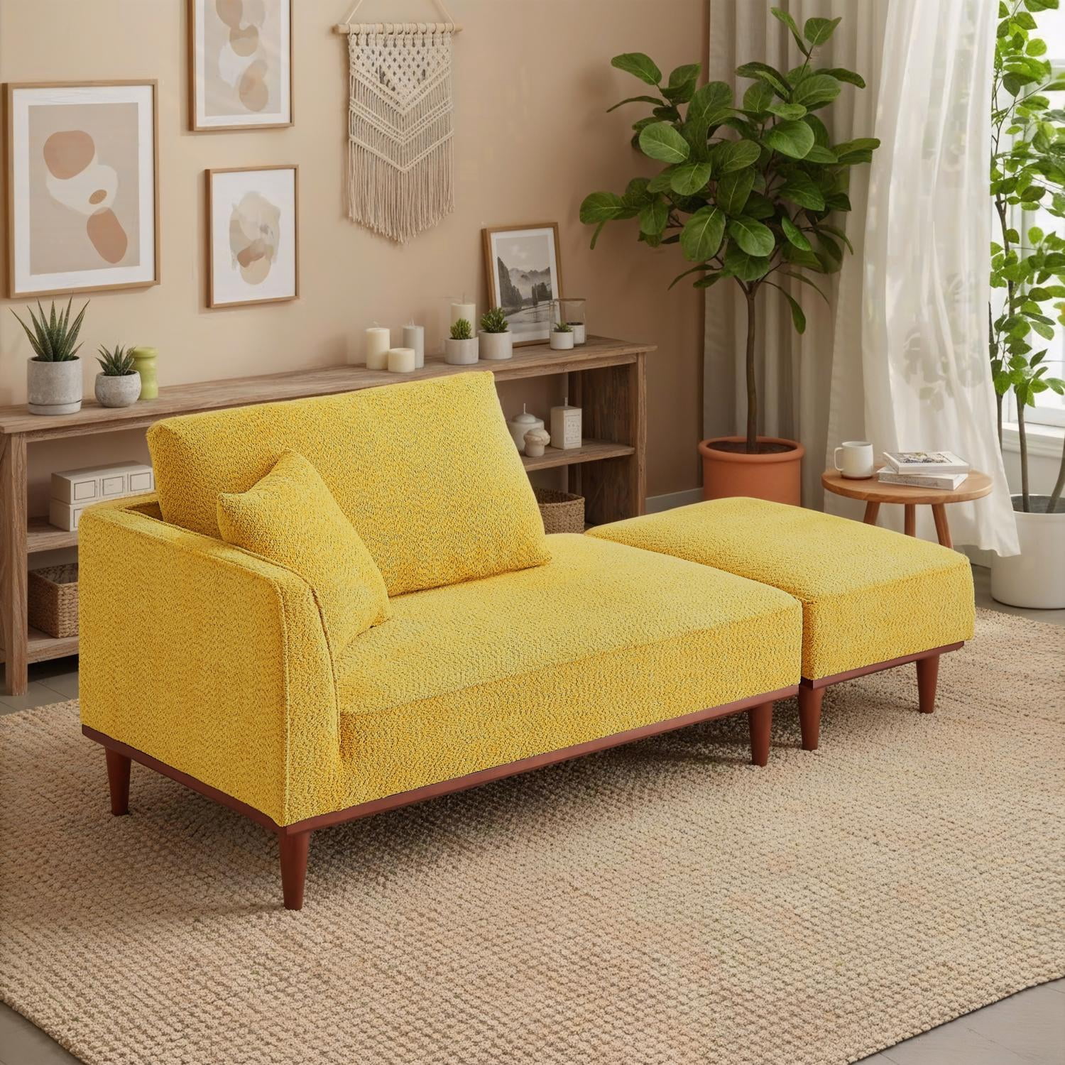 Upholstered Chaise Lounge and Stool, Convertible Chaise Lounge Chair with Detachable Ottoman for Living Room Bedroom Small Space, Easy Assembly, Yellow