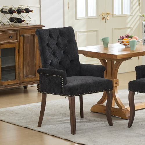 Upholstered Chenille Fabric Accent Dining Chair with Arms, Curved Solid Rubberwood Legs, Elegant Diamond Tufted Club Chair for Dining Room, Kitchen, Living Room,Black