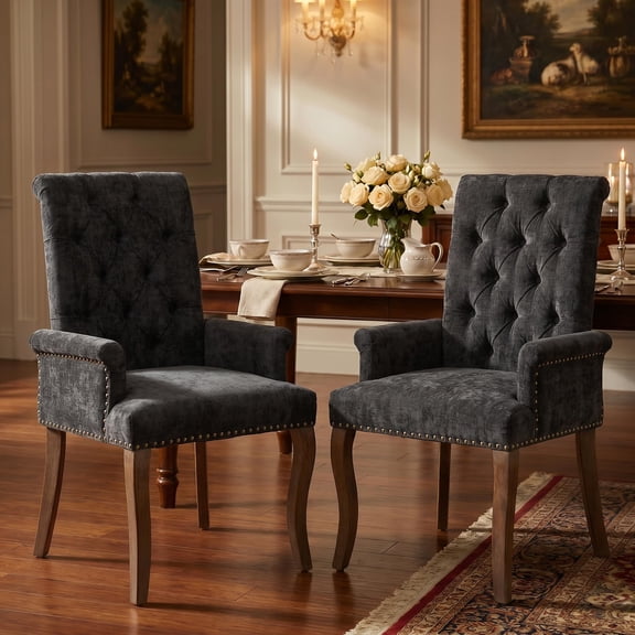 Upholstered Chenille Fabric Dining Chairs with Arms Set of 2, Tufted High Back Dining Room Chairs with Curved Rubberwood Legs, Kitchen Chairs, Black