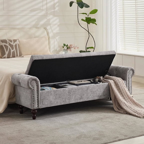 Upholstered Chenille Storage Ottoman, 67" End of Bed King Size, Tufted Cushioned Rolled Arm, Light Grey