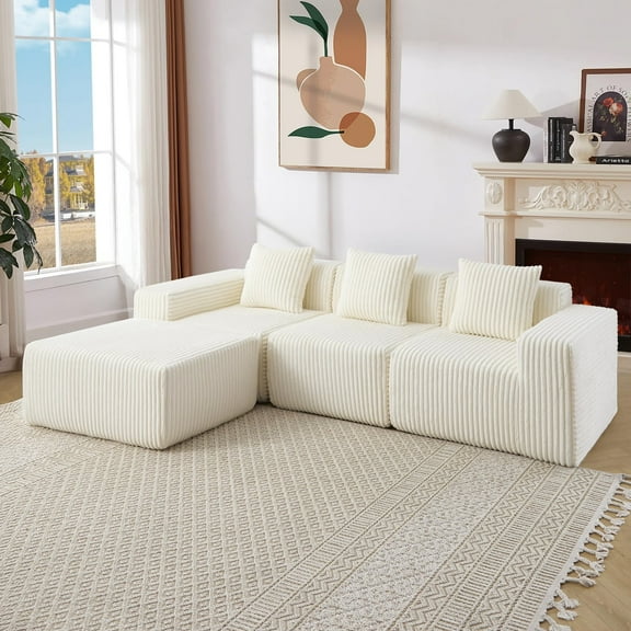 101" Cloud Couch Boneless Modular Sofa, Compression Memory Foam Sectional Couches, Comfy Corduroy L Shaped Sofas with Chaise Lounge for Living Room, No Assembly Required (Beige, 101in)