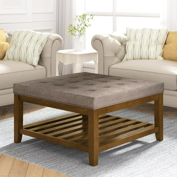 Upholstered Coffee Table, Large Square Ottoman Coffee Table, Tufted Linen Ottoman with Solid Wood Shelf and Frame for Living Room, Linen