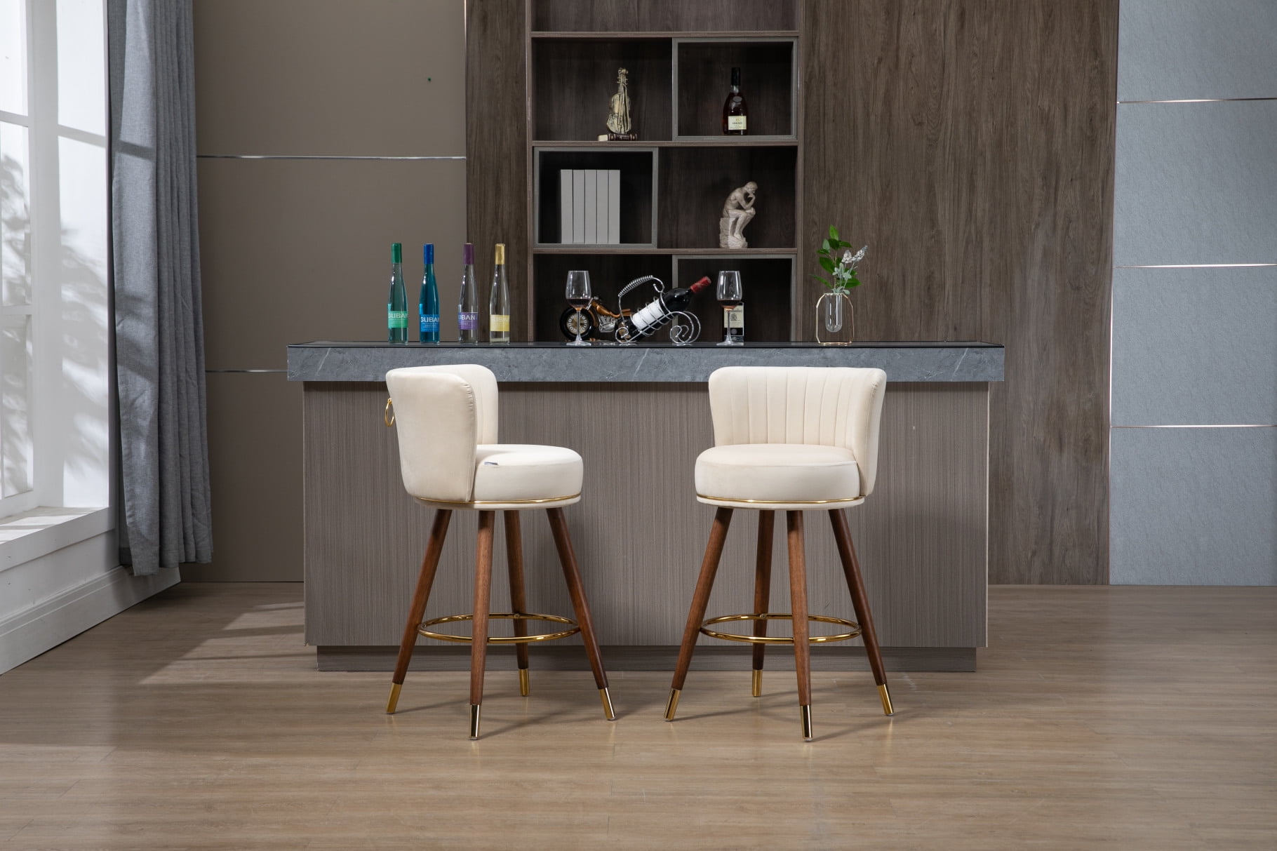 Upholstered Counter Height Bar Stools Set of 2, 360° Swivel Modern