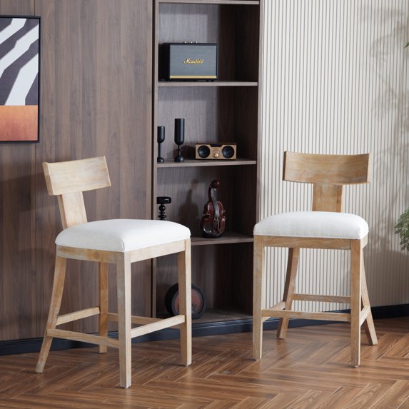 Upholstered Counter Height Bar Stools Set of 2, New Classic Furniture Manchester Counter 27inch with Solid Rubber Wood Frame, Backrest, Footrest for Home Bar, Kitchen Counter, Pub, Beige & Natural