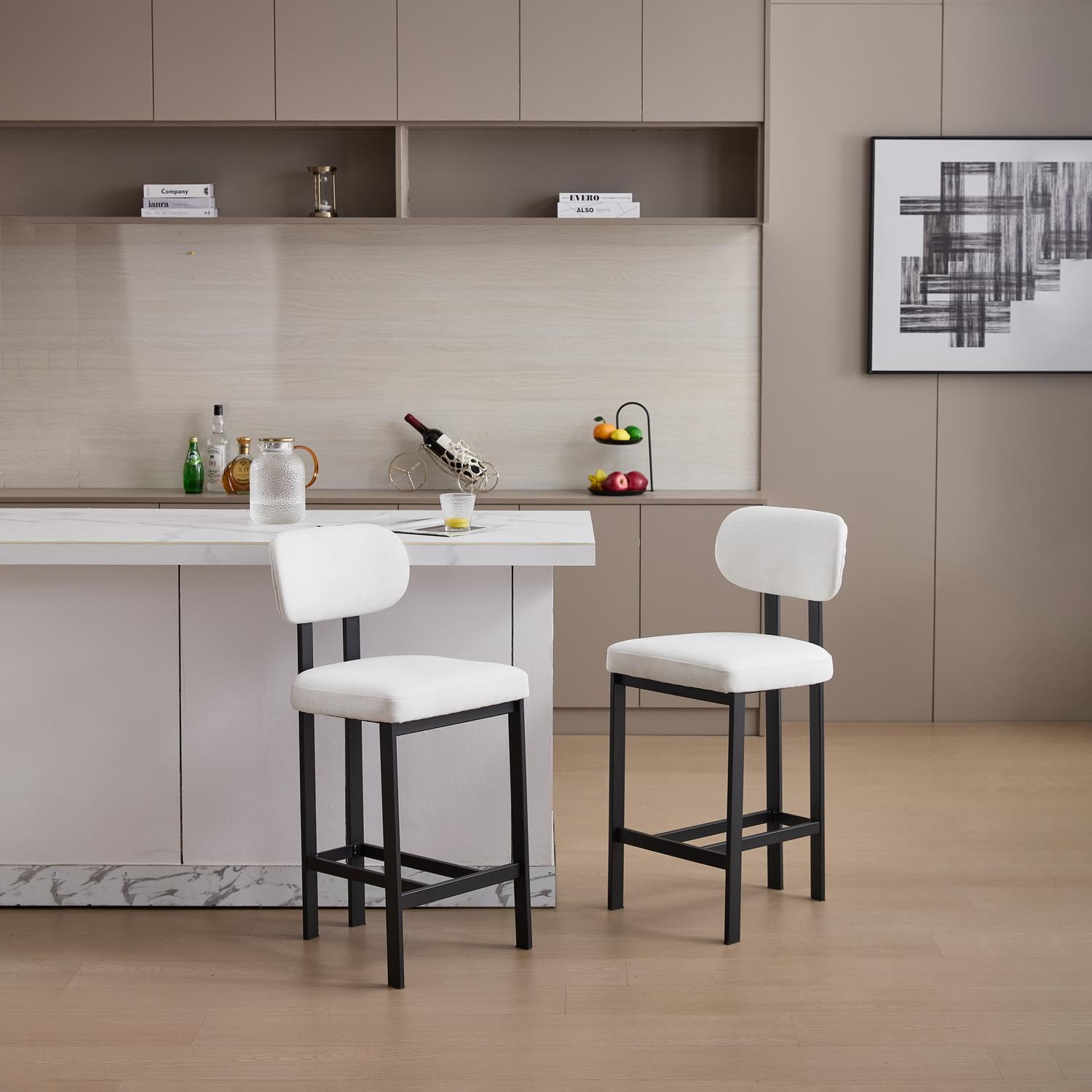 Upholstered Counter Height Bar Stools Set of 2 26 Inch with Plush Cream Fabric Cushion and Black Metal Legs for Kitchen Island
