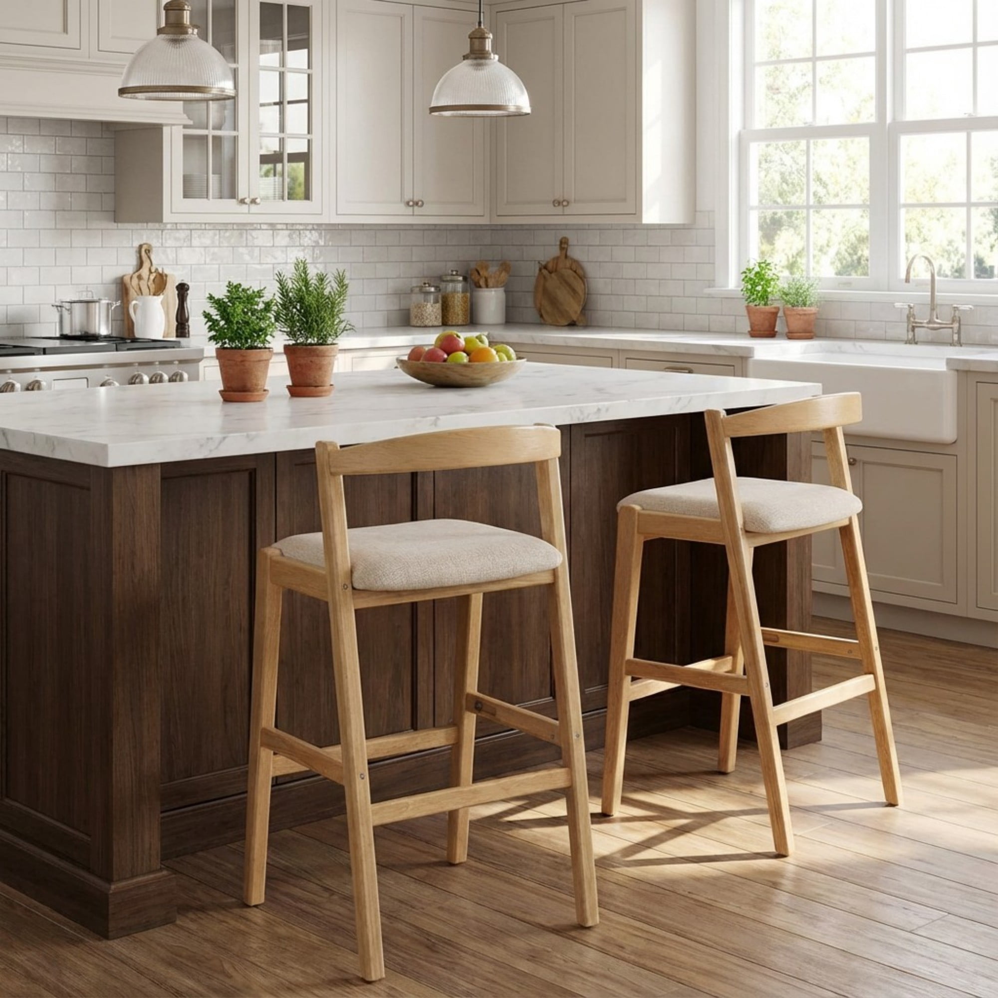Upholstered Counter Height Bar Stools Set of 2,Kitchen Island Stools with Back for Dining Room,Kitchen Island,Natural
