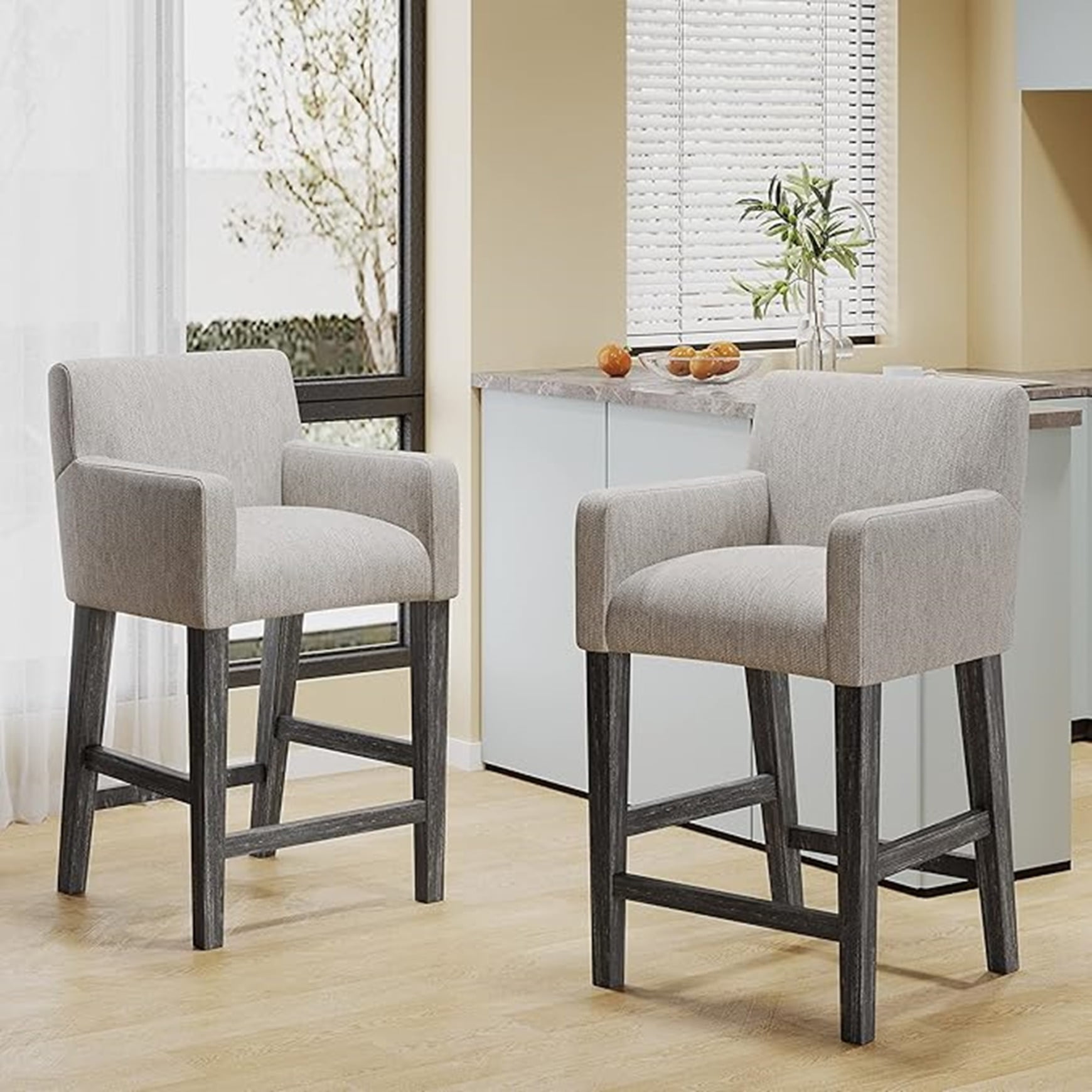 Light Grey Upholstered Wood Frame Counter Stools, Set of 2