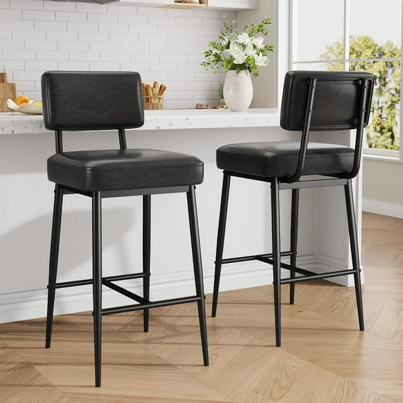 Upholstered Counter Height Bar Stools Set of 2, with Backrest & Footrest, Thick Cushion, Metal Legs, Black