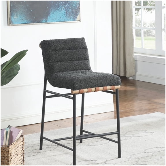 Upholstered Counter Height Chair, Dark Gray Boucle and PU Leather Bar Stool for Kitchen, Dining Room, and Breakfast Nook