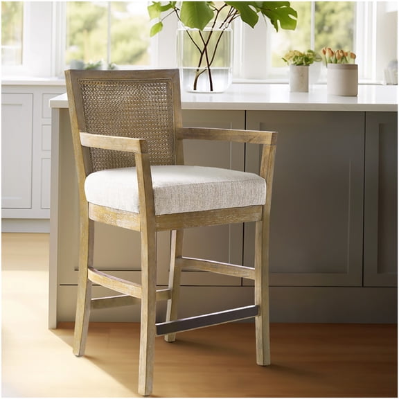 Upholstered Counter Height Stool with Cane Back and Solid Wood Frame