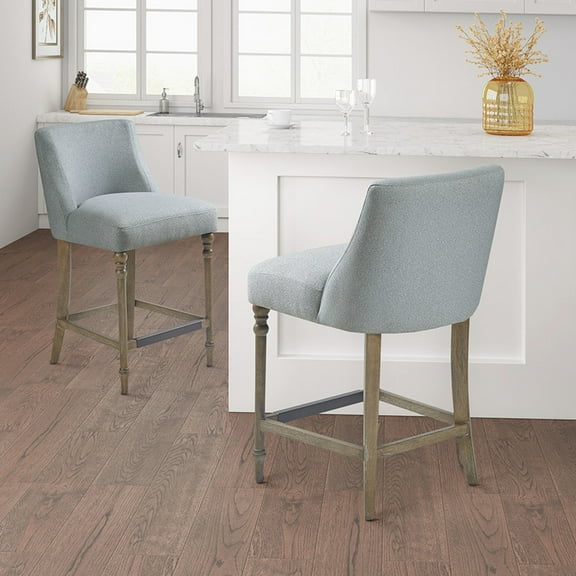 Upholstered Counter Stool 25" - Blue Material Solid Wood Legs Metal Assembly With Tool Seat Turned Footrest Needed