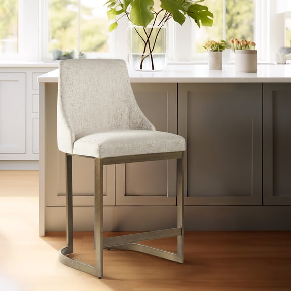 Upholstered Counter Stool 26"h - Metal Base Modern Kitchenware Ornament Curved Arms And Rounded Back Style Cream Upholstery Construction High Density Foam Padding Antique Gold Finish Adjustable