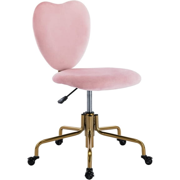 Upholstered Cute Home Office Desk Chair Armless, Modern Comfy Office Swivel Fabric Vanity Makeup Chair with Heart Shape Back, for Living Room, Bedroom, Rose Pink