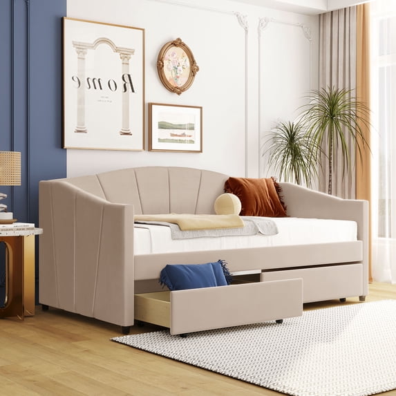 Upholstered Daybed with 2 Drawers, Modern Twin Size Tufted Velvet Daybed Frame with Wood Slat Support, Dual-use Platform Bed Sofa Bed with Wingback & Armrests for Living Room Bedroom Beige