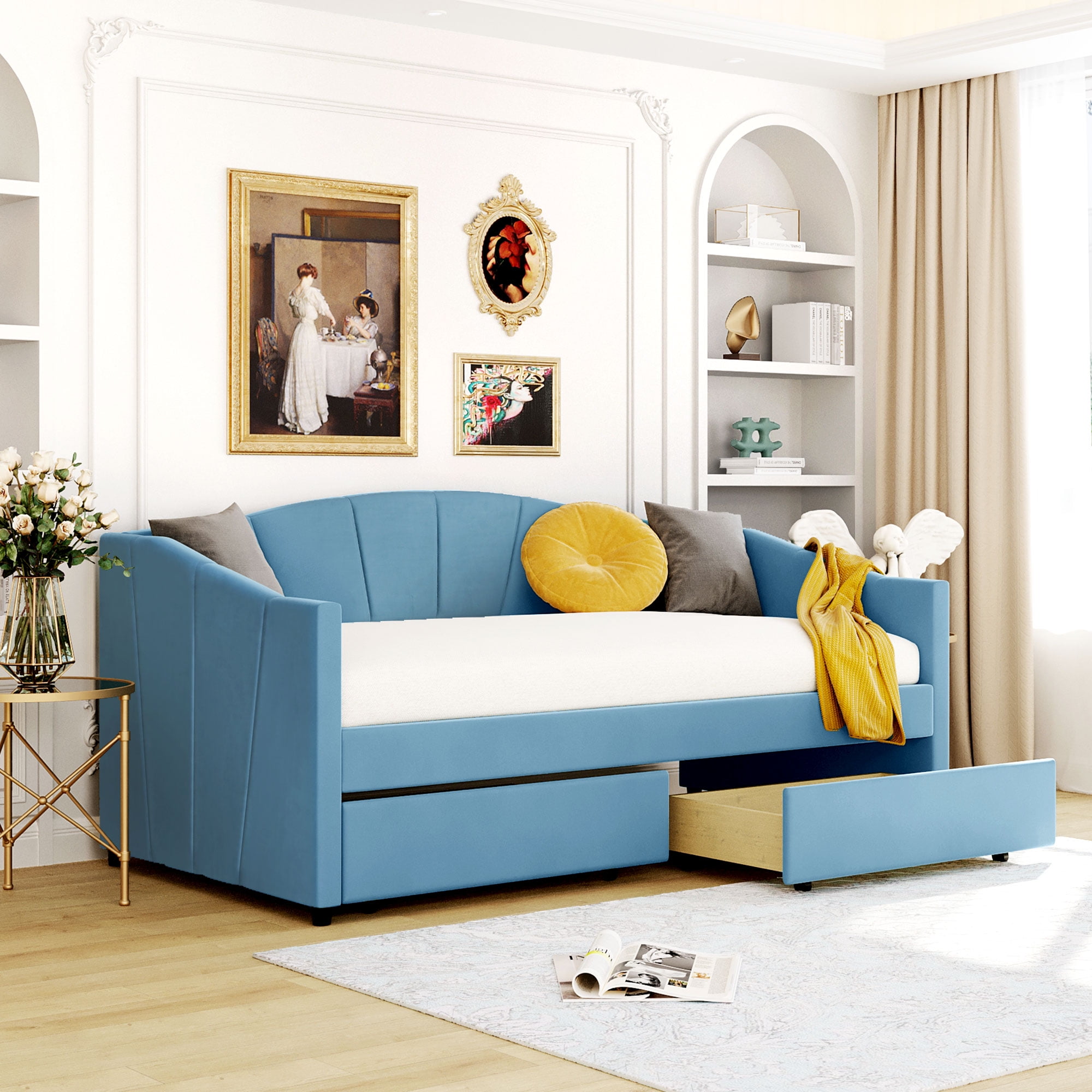 Upholstered Daybed with 2 Drawers Modern Twin Size Tufted Velvet