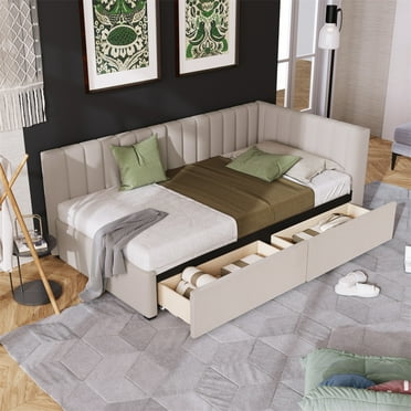 Upholstered Daybed with 2 Drawers, Twin Size Linen Upholstered Daybed Frame with Backrest & Armrest & Wood Slat Support, Dual-use Platform Sofa Bed for Living Room Bedroom, No Box Spring Needed, Beige
