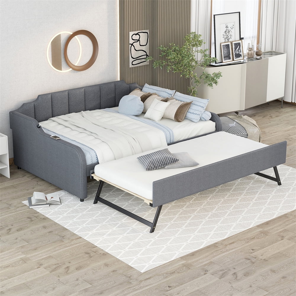 Upholstered Daybed with Adjustable Trundle and USB Charging, Full Size