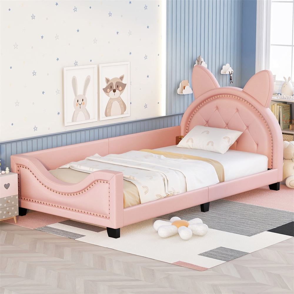 Upholstered Daybed with Carton Ears Shaped Headboard, Solid Wood Twin ...