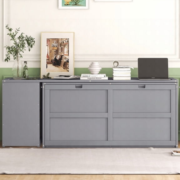 Queen Size pine wood Murphy bed with rotatable desk gray for bedroom