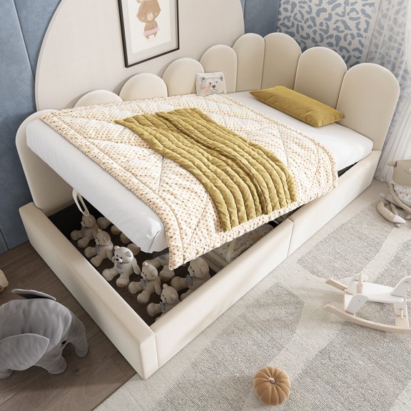 Upholstered Daybed with Hydraulic Storage, Twin Size Ottoman Sofa Bed with Metal Slatted Frame - Velvet Upholstered Storage Bed Frame for Small Spaces, Beige