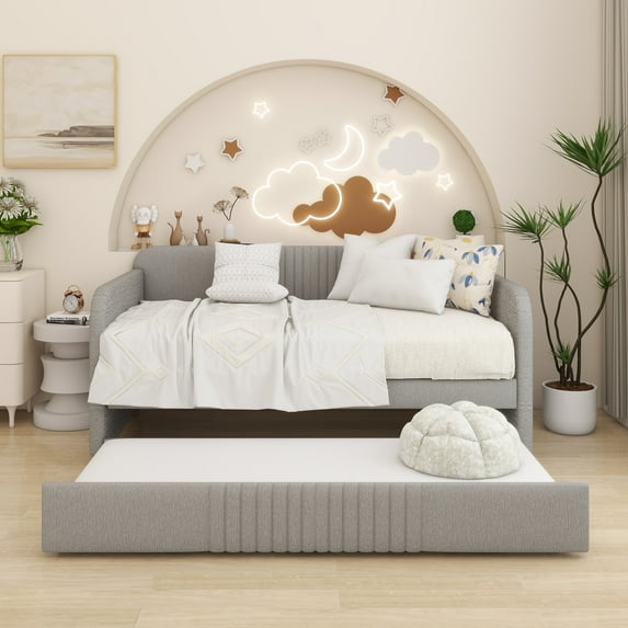 Upholstered Daybed Sofa Bed Twin Size With Trundle Bed and Wood Slat, Gray