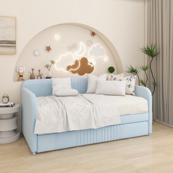 Upholstered Daybed Sofa Bed Twin Size With Trundle Bed and Wood Slat, Light Blue