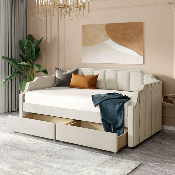 Upholstered Daybed with Storage, New Upgraded Twin Size Velvet Upholstered Daybed with Drawers and Rivet Decoration, Wood Slat Support, Modern Twin Daybed Sofa Bed for Bedroom Living Room, Beige