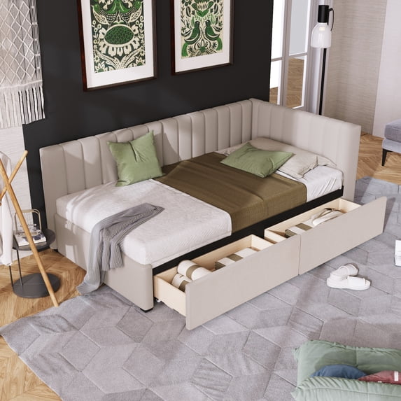 Upholstered Daybed with 2 Storage Drawers Twin Size Sofa Bed Frame No Box Spring Needed, Linen Fabric (Beige) 17AAA