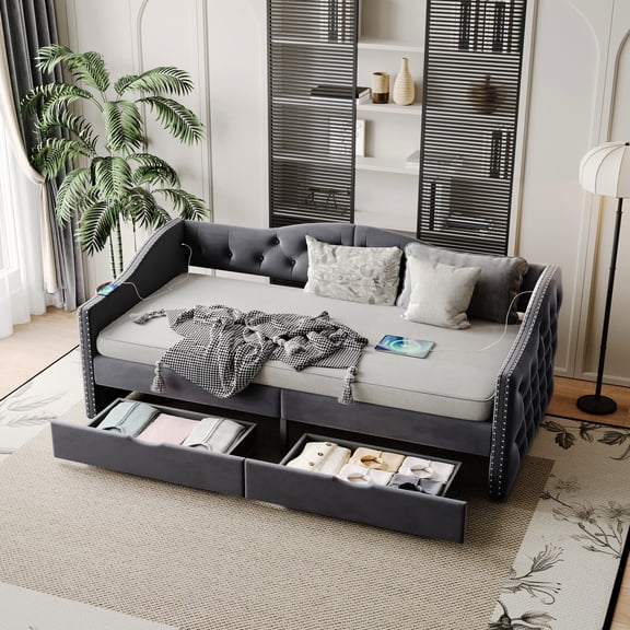 Upholstered Daybed with Backrest | Button-tufted and Nail Head Trim | Adds Elegance to Bedroom