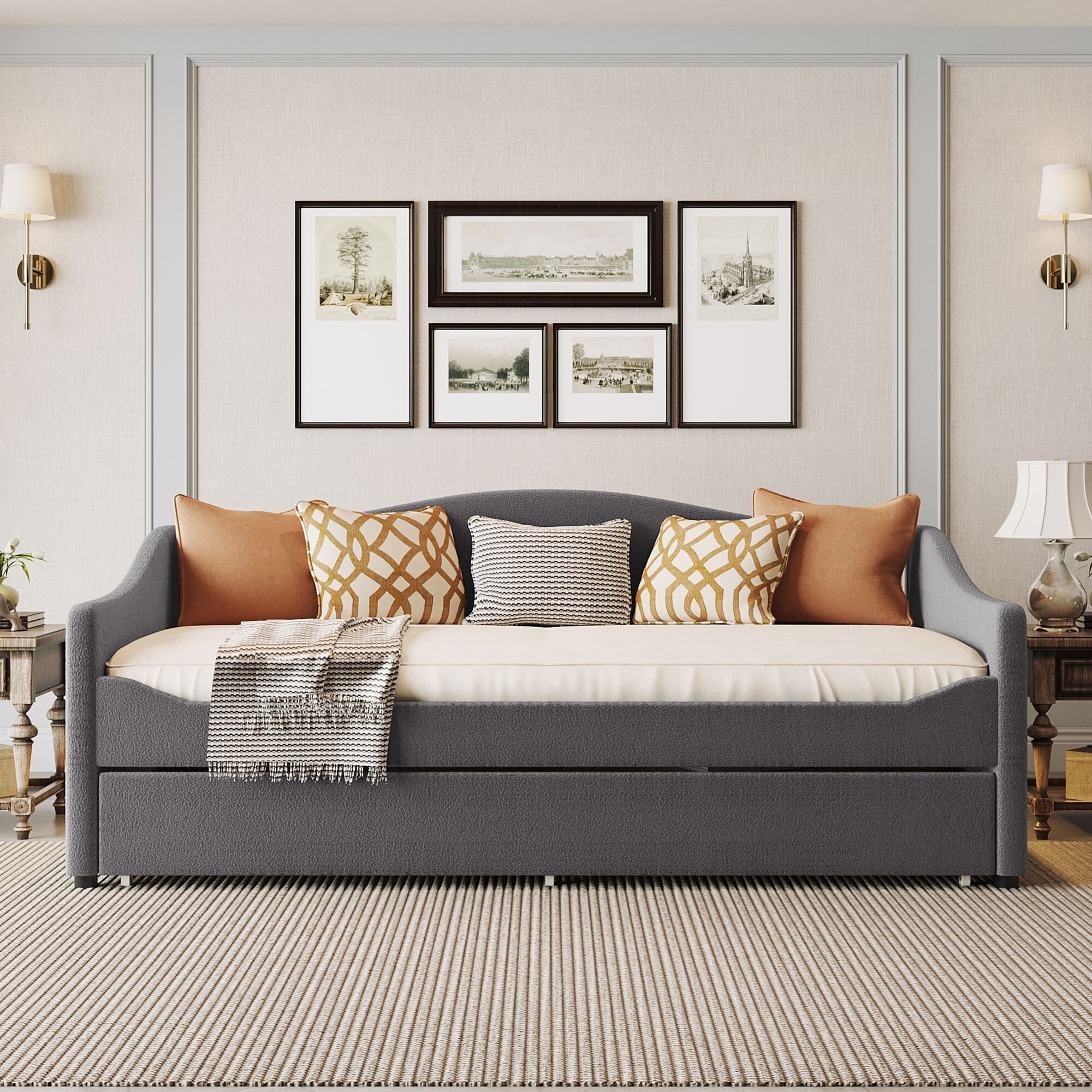 Gray Upholstered Twin Daybed with Drawer and Slats