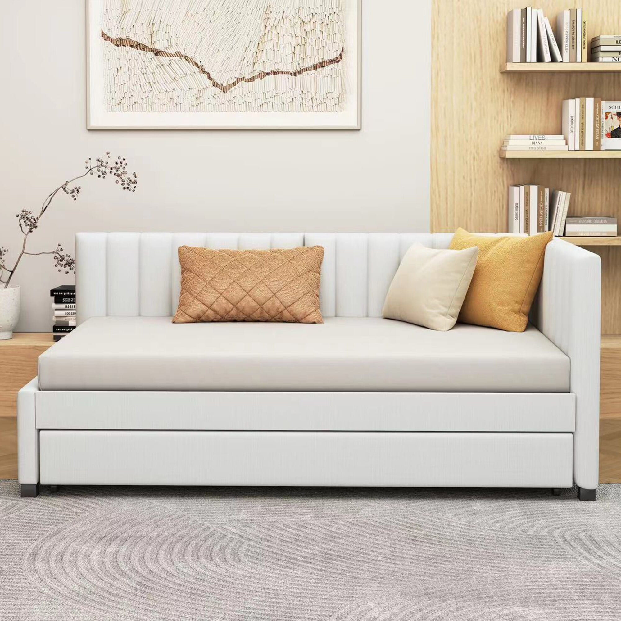 Twin White Linen Upholstered Daybed with Storage Drawer