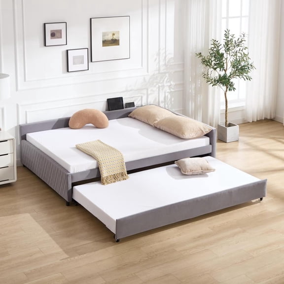 Upholstered Daybed with Trundle, Diamond Tufted Daybed Frame, Modern Wooden Bed for Bedroom & Guest Room, Space-Saving