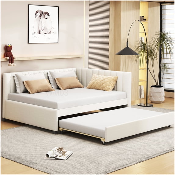 Upholstered Daybed with Trundle, Full Size Sofa Bed Frame with Storage Drawers in Beige Linen