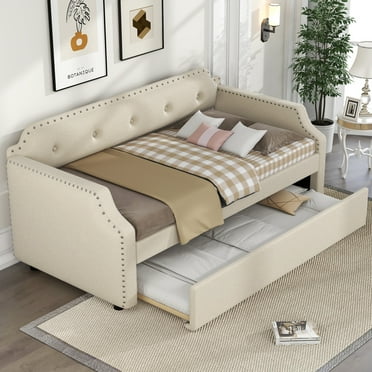 Upholstered Daybed with Trundle,Linen Upholstered Sofa Bed Frame with Wood Slat Support,Twin Size Daybed for Living Room Bedroom,Beige