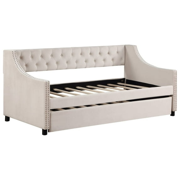 Upholstered Daybed with Trundle, Twin Size Frame, Beige Velvet 00060