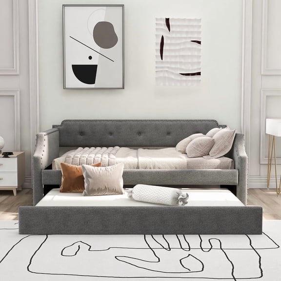 HICOMILA Twin Size Upholstered Sofa Daybed with Trundle, Space-Saving Guest Bed with Wood Slat Support for Bedroom & Home Office, Gray