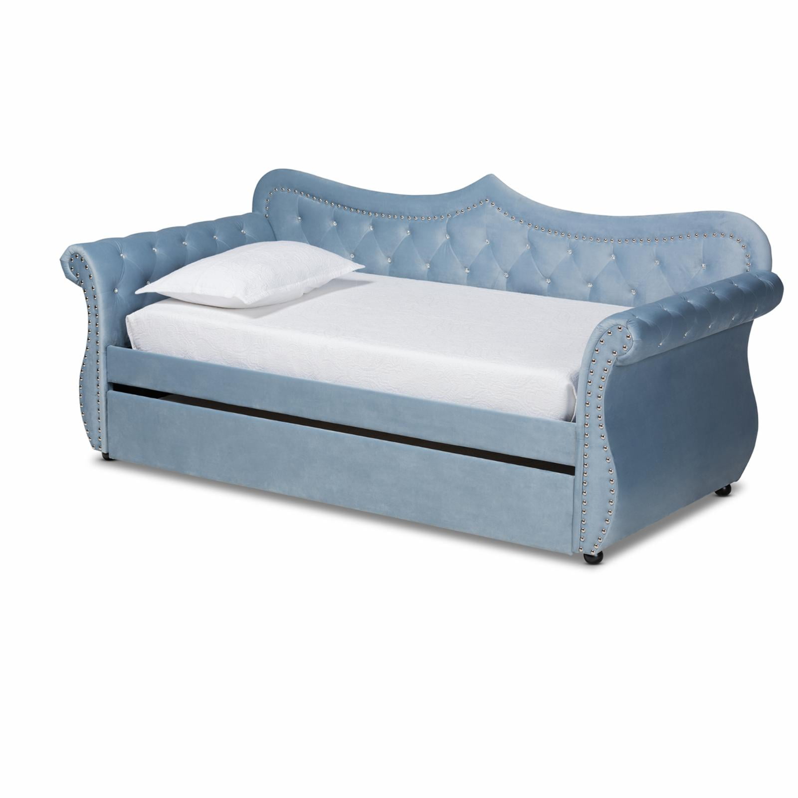 Gray Velvet Upholstered Full Daybed with Tufted Trundle
