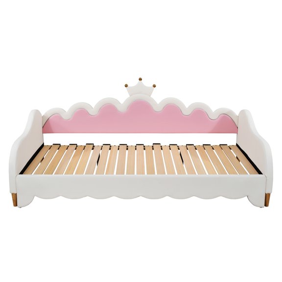 Twin Extending Daybed with LED Lights, Modern Upholstered Princess Daybed With Crown Headboard,White