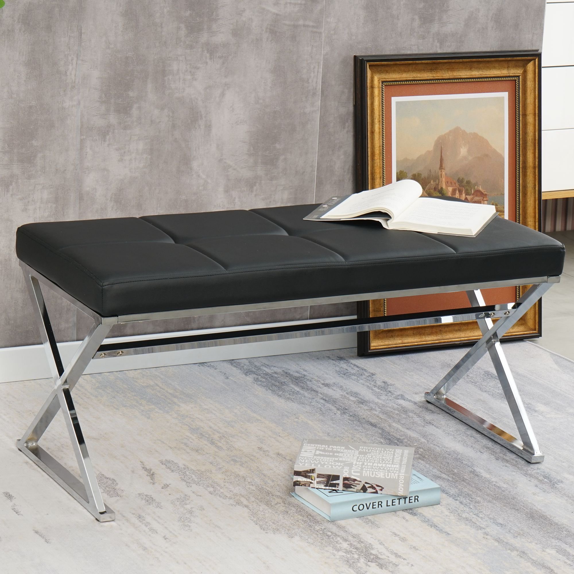 Upholstered Dining Bench with Metal Legs, Long Entryway Bench, Rectangular PU Seat Bench, Luxury