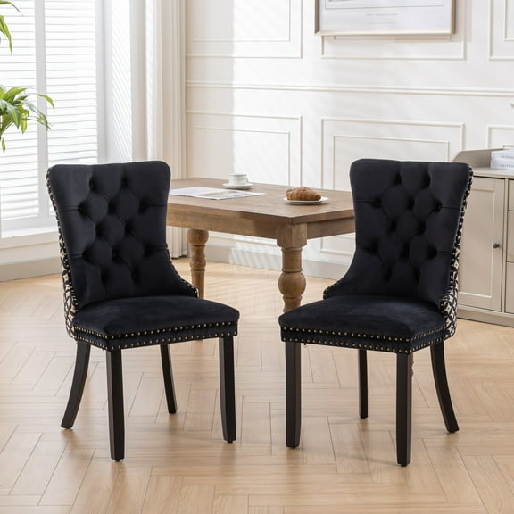 Upholstered Dining Chair, ChairsOf 2 With SolidLegs, ButtonPull Trim,PatternChairs For Restaurant (Black)