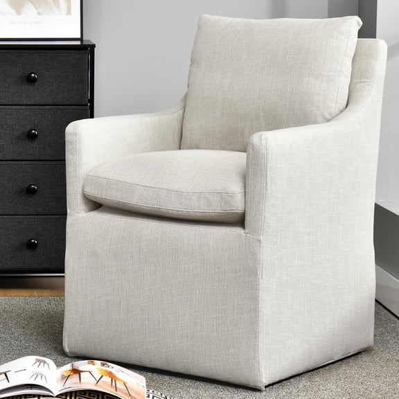 Upholstered Dining Chair, Linen Accent Chair for Living Room, Single Sofa with 4 Casters, Upholstered Armchair for Bedroom Reading Waiting Kitchen Dining Room