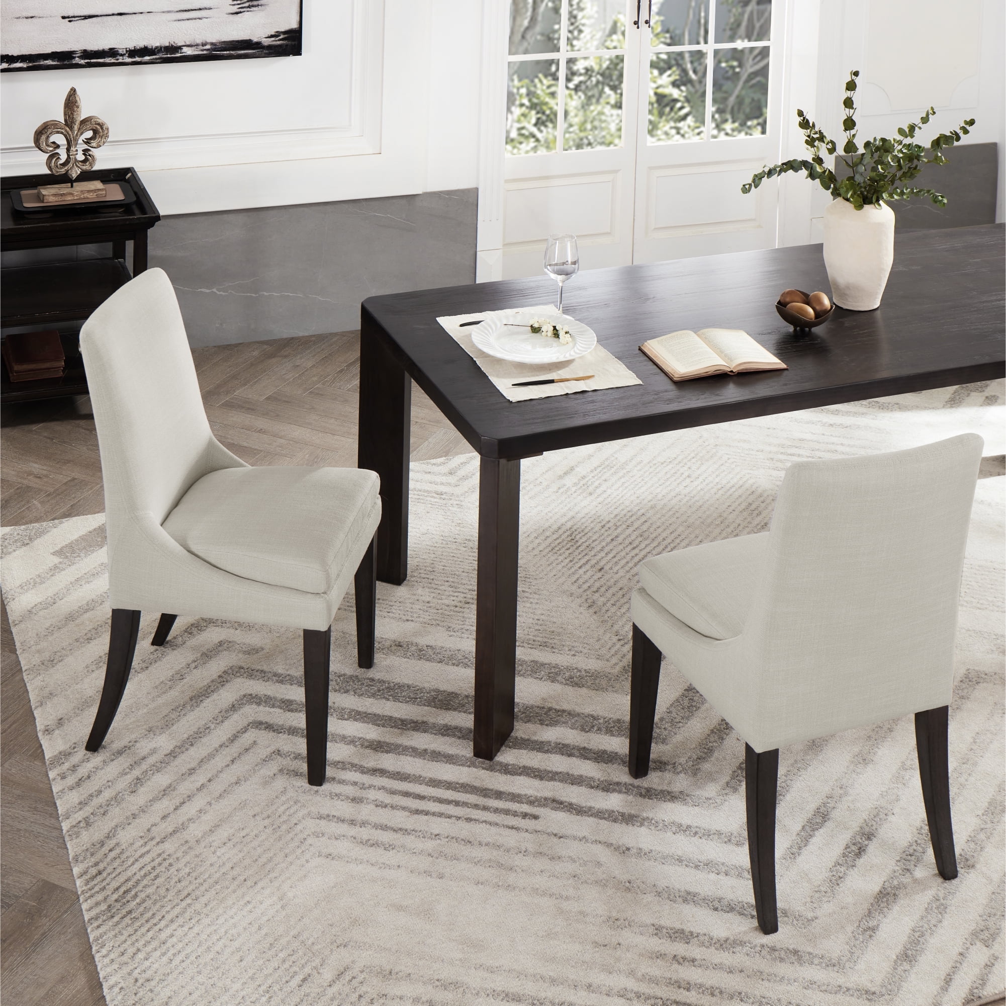 Upholstered Dining Chair Set of 2 Mid Century Modern Comfy Chair for Kitchen Fabric in Ivory White