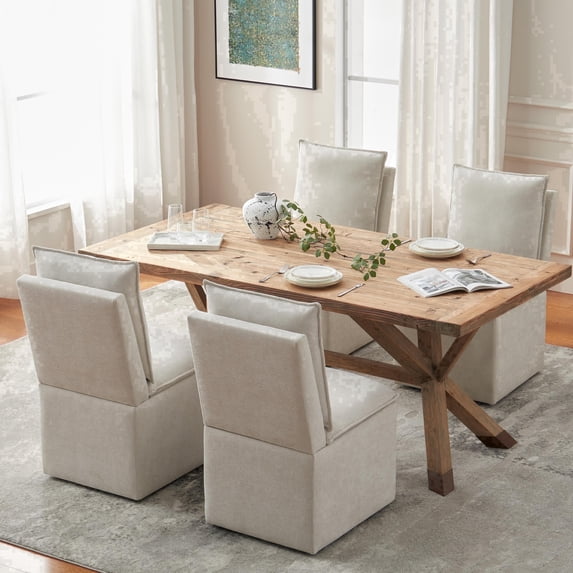 Usaint Upholstered Dining Chair with Casters and Storage, Fabric Rolling Desk Chair with Wheels for Home Office Living Room, Easy Assembly, Cream