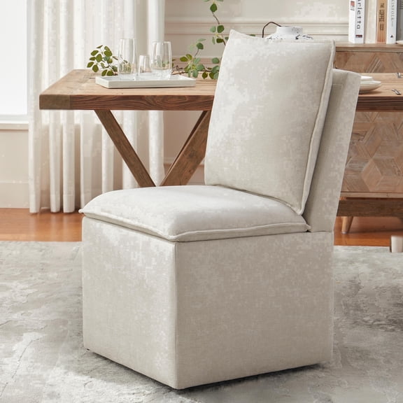 Usaint Upholstered Dining Chair with Casters and Storage, Fabric Rolling Desk Chair with Wheels for Home Office Living Room, Easy Assembly, Cream