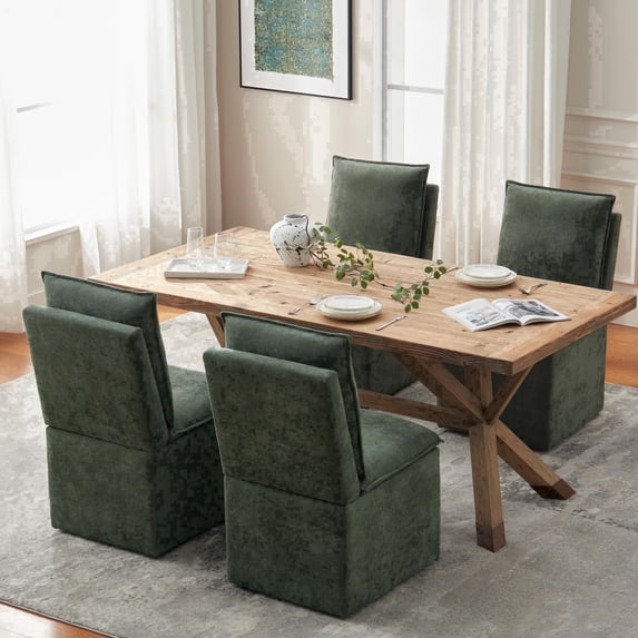 Usaint Upholstered Dining Chair with Casters and Storage, Fabric Rolling Desk Chair with Wheels for Home Office Living Room, Easy Assembly, Green