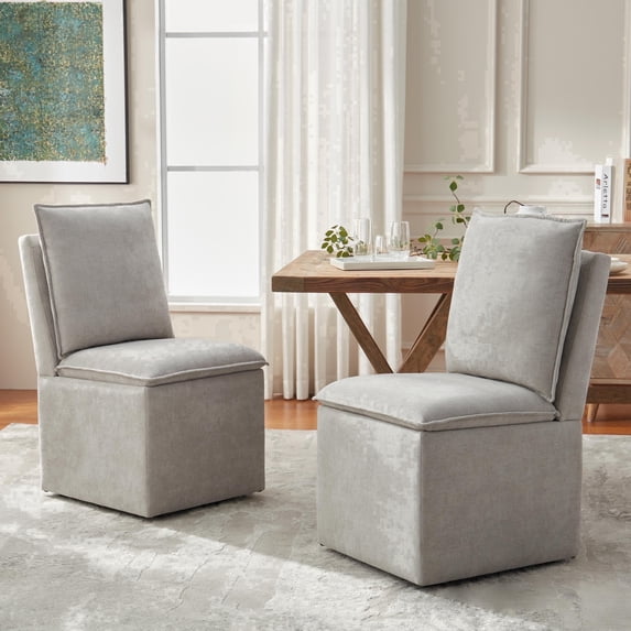 Usaint Upholstered Dining Chair with Casters and Storage, Fabric Rolling Desk Chair with Wheels for Home Office Living Room, Easy Assembly, Light Gray