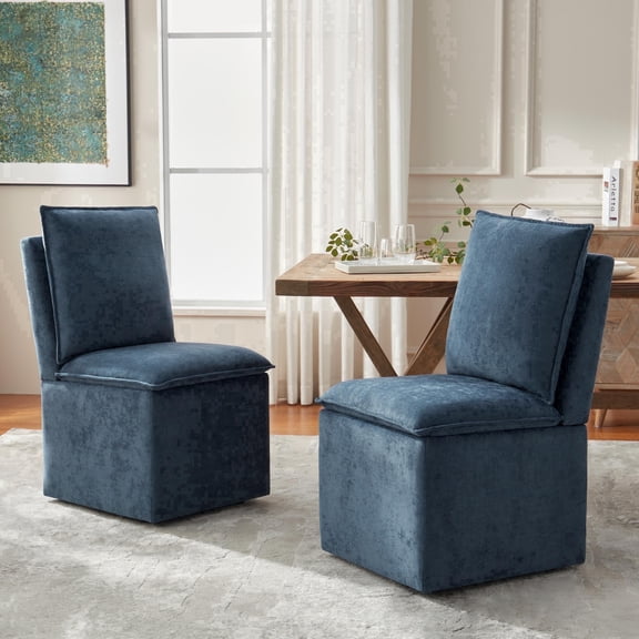 VKNOW Upholstered Dining Chair with Casters and Storage, Fabric Rolling Desk Chair with Wheels for Home Office Living Room, Easy Assembly, Navy
